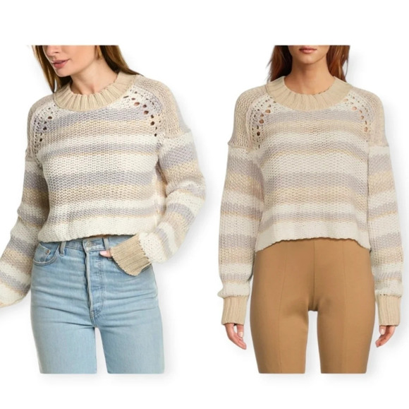 Free People Devon Open Knit Crewneck Cropped Sweater Neutral Stripes Medium - Picture 14 of 14
